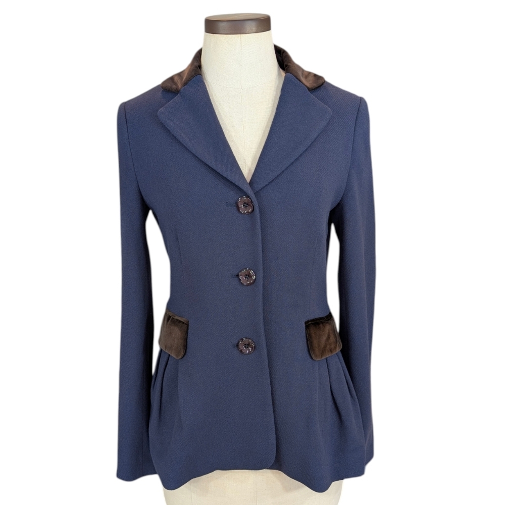 Vintage 90s Love Moschino navy wool 3 button jacket W/ brown velvet trim. Sz. 4